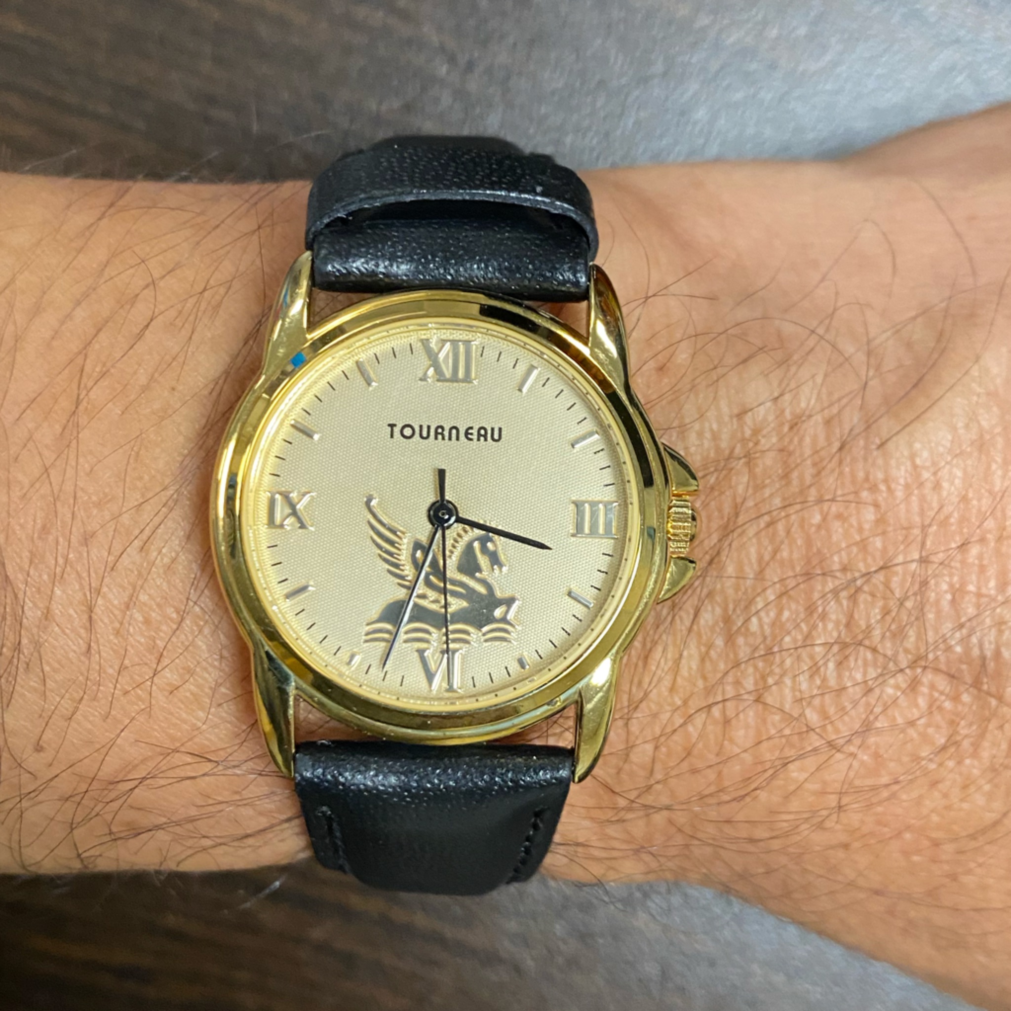 Tourneau Gold Dial Black Leather Strap Watch